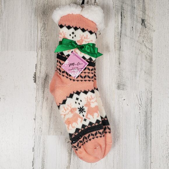NWT Mari Clare Sherpa Lined Knit Winter Reindeer Design No-Slip Slipper Socks - Picture 1 of 6